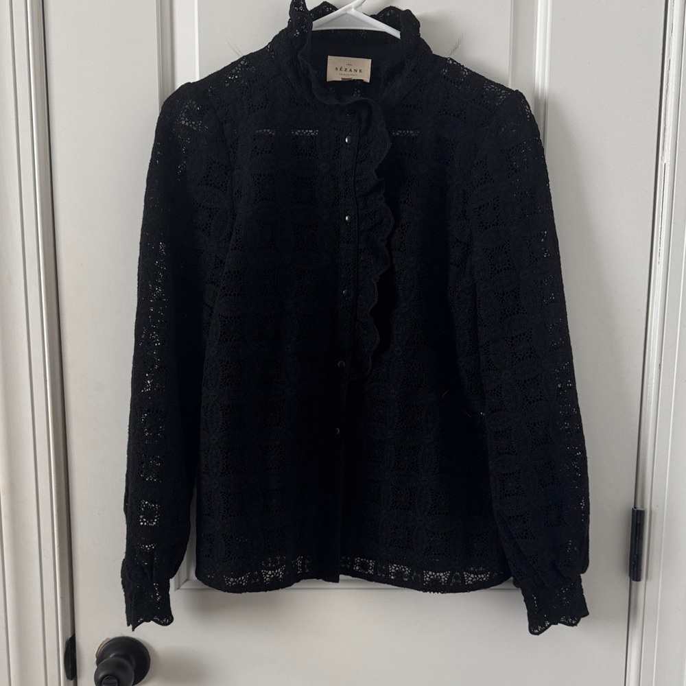 Sezane Chlo Black Guipure Lace Crochet Ruffle Button-Up Blouse Sz 38 - Picture 2 of 8